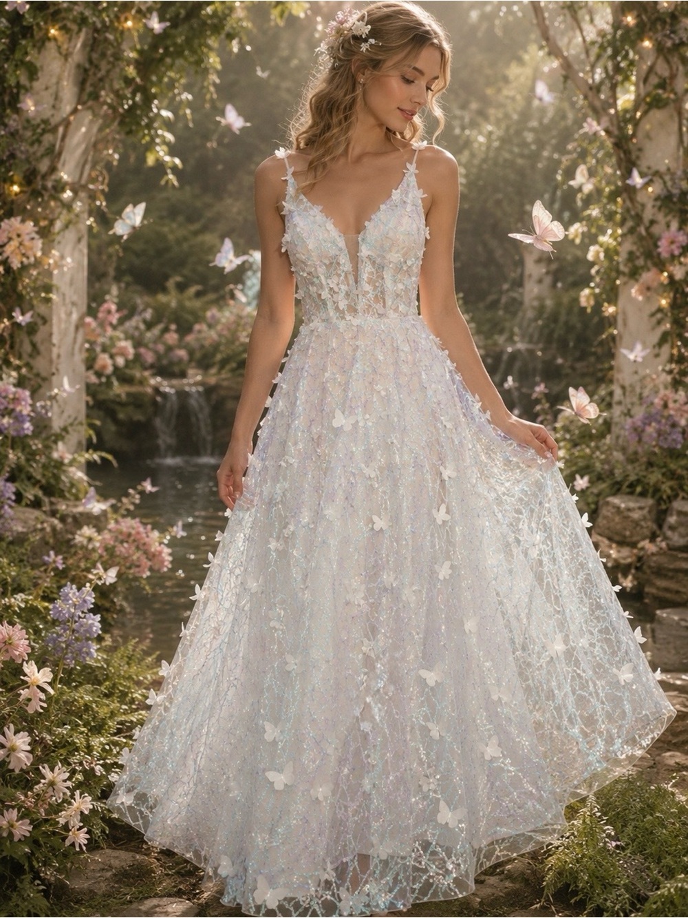 Ivory a line whimsical wedding dress with 3-D butterflies and sequins size 4-6